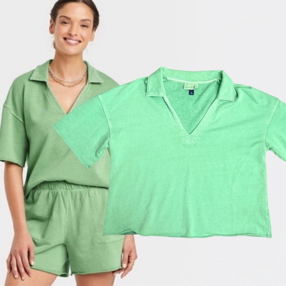 Universal Thread Polo Top Short Sleeve French Terry Green Medium